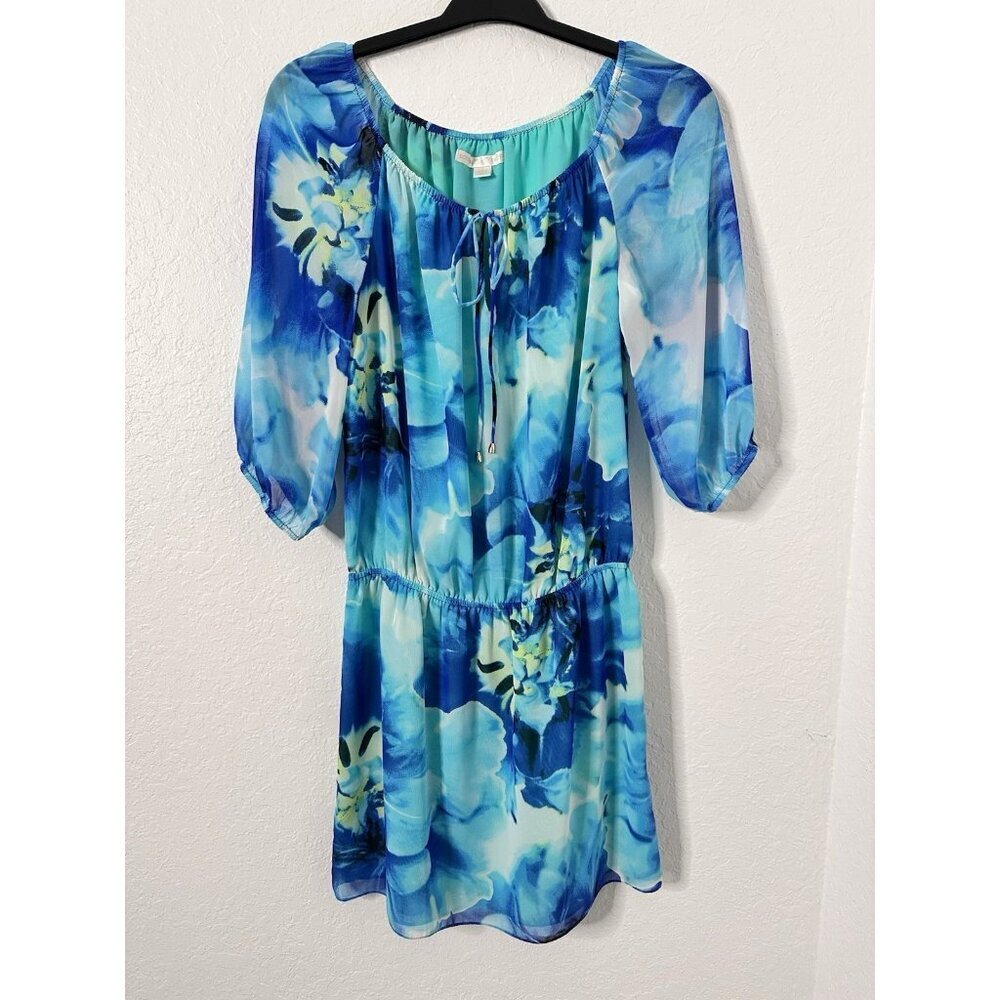 Boston Proper Womens Blue Floral Long Sleeve Keyhole Neck Mini Dress Size S NWOT